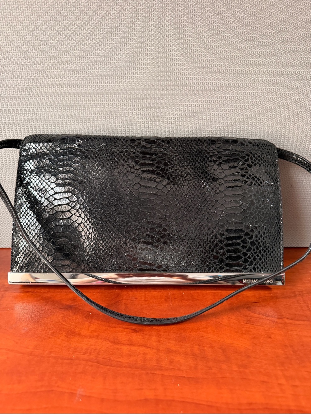 Michael Kors Black Embossed Snakeskin Clutch with Metallic Trim - Picture 3 of 11